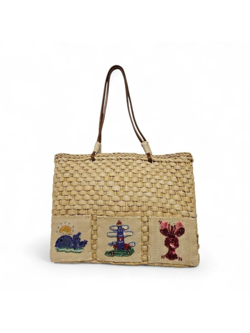 Beige Woven Corn Husk Straw Tote Bag Leather Straps Sequin Beaded